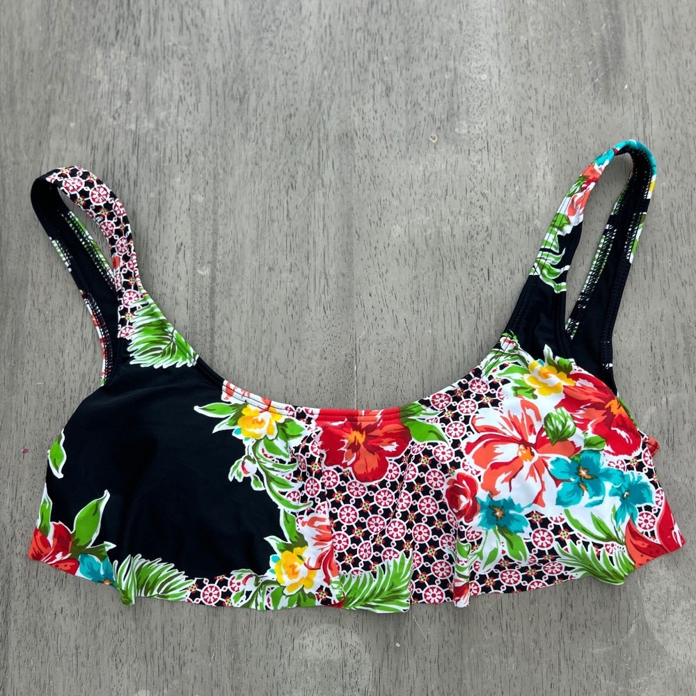 The Bikini Lab Hot & Gold Hanky Floral Flounce Bikini Top Large BL5Y288 Black